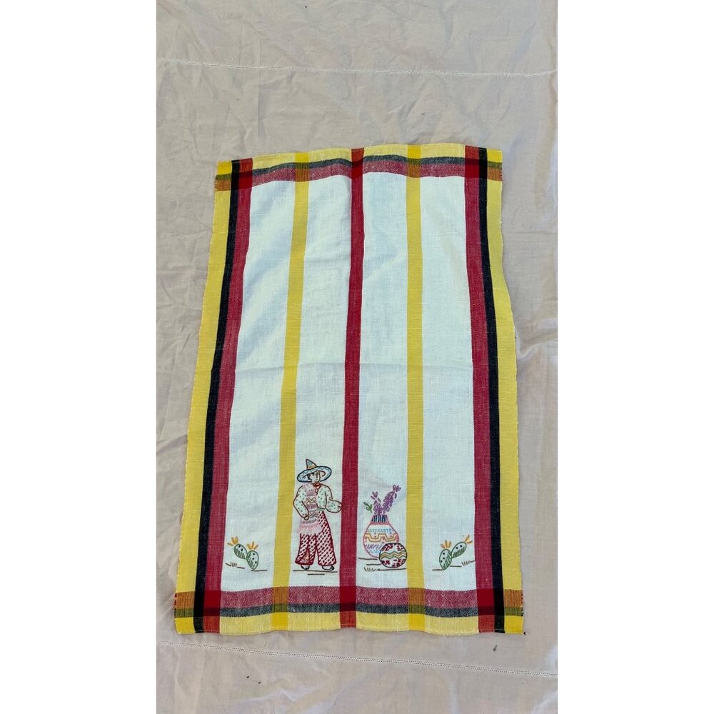 Vintage Mexican Hand-Embroidered Kitchen Towel With Striped Border & Folk Art De